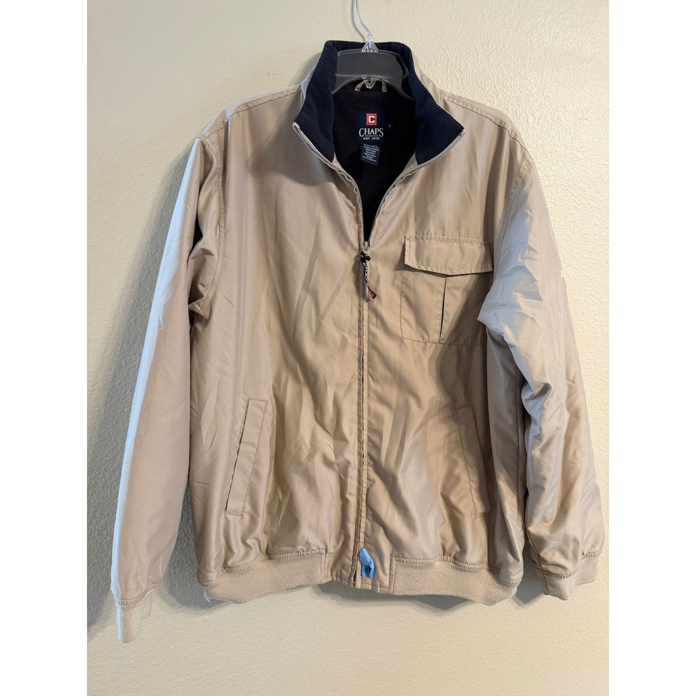 Chaps Mens Harrington Jacket Tan‎ Fleece Lined Windbreaker Size Medium Full Zip
